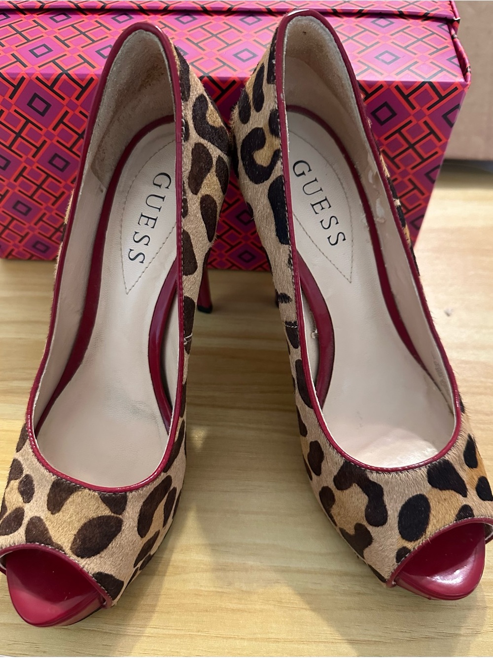 GUESS Leopard Print Peep-Toe Heels with Burgundy Trim